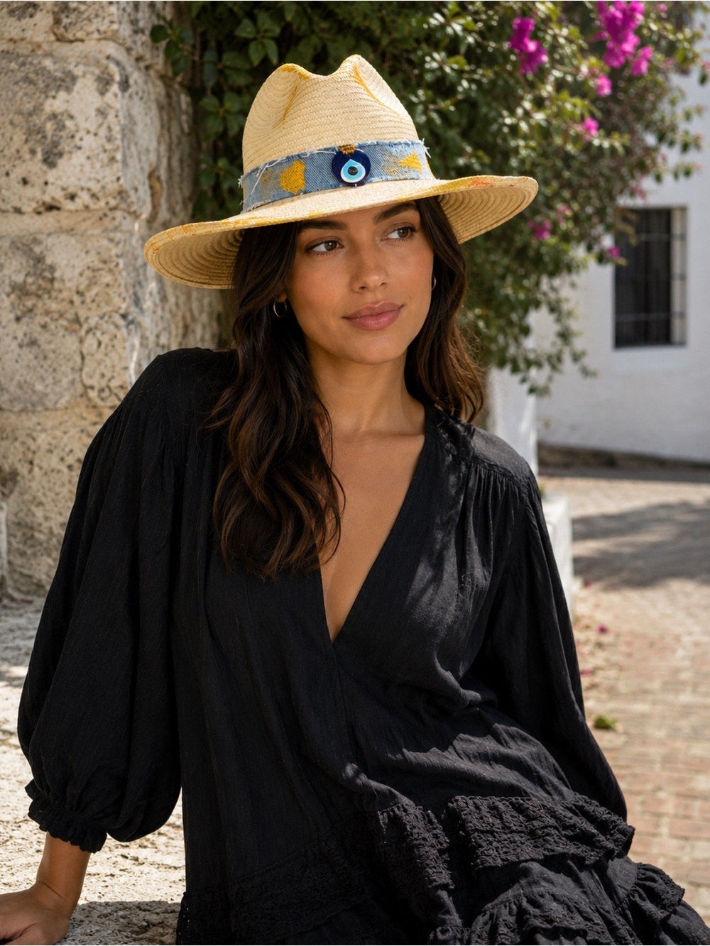 Colombian handmade Straw Hat with Blue Evil Eye Accent - Denim/Metallic accent.